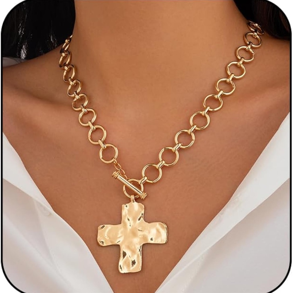 Gold Chunky Cross Necklace for Women Statement Cross Pendant Necklace